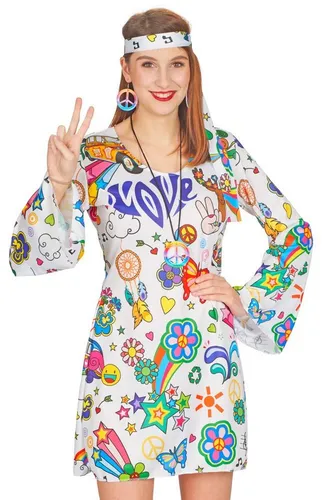 andrea-moden Kostüm Hippie Flower Power Damen Kleid 'Hope', Weiß Bunt