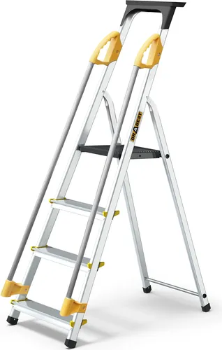Drabest | Leiter - 4 Stufen, Tragfähigkeit 150kg - Leiter mit Handläufen, Alu Leiter, Anti-Rutsch-Füße, Trittleiter, Klappleiter