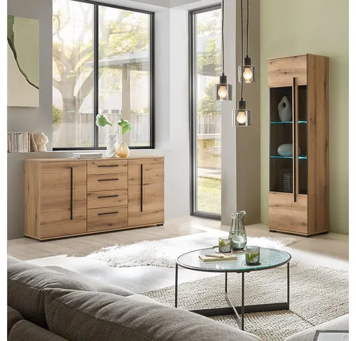 Lomadox Wohnzimmer-Set COLORADO-61, 2-teilig mit Vitrine und Kommode in Eiche - Stilvolles 2-teiliges Set aus Vitrine und Kommode in Eiche mit stimmungsvollem LED-Glasbodenlicht. Bietet viel Stauraum und moderne Akzente für dein Zuhause – ideal für Wohnzimmer und Essbereich.