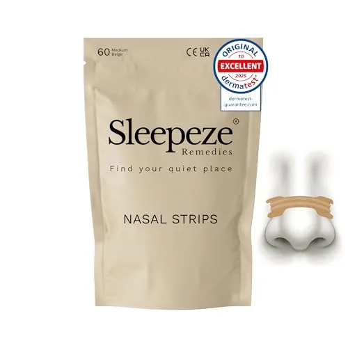 Sleepeze Remedies Nasenstrips Medium (60er-Pack) - Atmungshilfen & Nasenstrips für ruhigen Schlaf: 50% mehr Haltekraft, sanftes Öffnen der Nasengänge für besseren Luftstrom und sofortige Linderung bei Verstopfungen. Ideal für schnarchfreie Nächte!