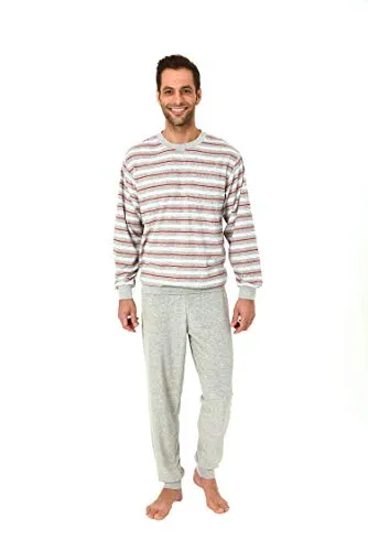 Eleganter Herren Frottee Pyjama Schlafanzug lang mit Bündchen - auch in Übergrössen 61505, Größe2:50, Farbe:grau-Melange