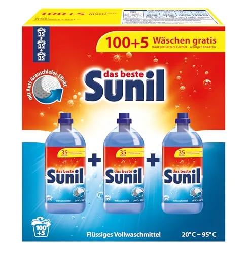 Sunil aktiv Vollwaschmittel flüssig - für 105 Wäschen - Flecklösekraft, hautverträglich, mikroplastikfrei - 5,77 l