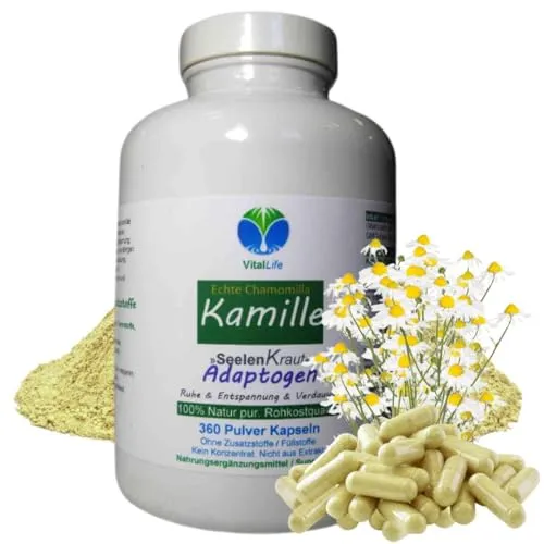 Echte KAMILLE Chamomilla 360 Kapseln - Natur Pur für Magen & Darm - Pflanzliches Ergänzungsmittel mit 100% natürlicher Kamille, unterstützt die Verdauung und fördert Entspannung ohne Zusatzstoffe. Ideal für ganzheitliche Gesundheit.
