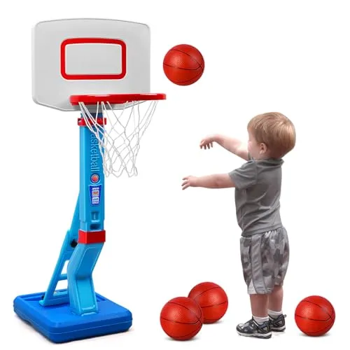 Erixazs Höhenverstellbarer Kinder Basketballkorb - Basketballkorb für drinnen und draußen, höhenverstellbar von 70-138cm, mit stabilem Fuß für sicheren Spielspaß und inklusive 4 Mini-Softbällen und Pumpe.