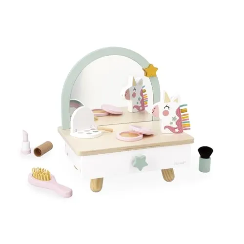 Janod - Friseurstuhl aus Holz für Kinder auf einem Tisch - Schublade, Spiegel und 7 Accessoires - Thema Einhorn - Höhe 33cm - Make-up-Attrappe - Ab 3 Jahre - J06463, Minzgrün