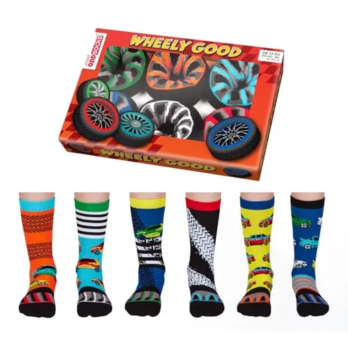 United Oddsocks Wheely Good Socken für Jungen - Mix & Match Socken-Set für Kinder, ideal für autobegeisterte Jungen. Größe 30,5–38,5, farbenfroh und lustig, perfekt für stressfreie Sockenwahl!