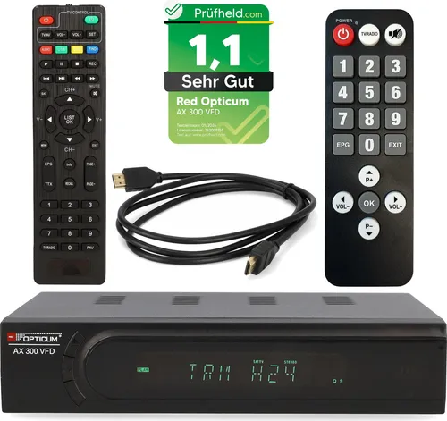 RED OPTICUM HD Sat Receiver AX 300 VFD Display PVR Ready – USB TV Aufnahme, HDMI, SCART, Coaxial – Digital TV Receiver für Satellitenschüssel / Satelliten / Satellit + HDMI Kabel