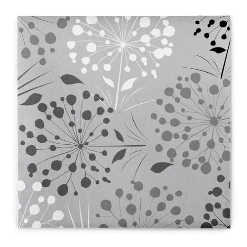 Sovie HOME Serviette ERNA in GRAU aus Linclass Airlaid, 40 x 40 cm, 1/4 Falz, 12 Stück, zarte Pustblumen auf grauem Hintergrund, elegant, floral, Einweg, festlich