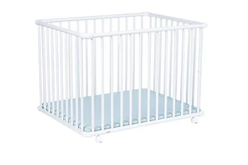 Geuther Laufstall Belami Plus - einfach zerlegbares Laufgitter, TÜV geprüft, aus Holz in Weiß, Dekor: Mint, Größe: 76 cm x 97 cm