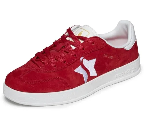 Skechers Academy Court Charm Damen Sneaker Rot - Stylische Damen Sneaker im Tennis-Style, gefertigt aus hochwertigem Veloursleder und Synthetik. Mit Memory Foam Decksohle für hohen Tragekomfort und 3 cm Synthetiksohle. Ideal für Freizeit und Sport!