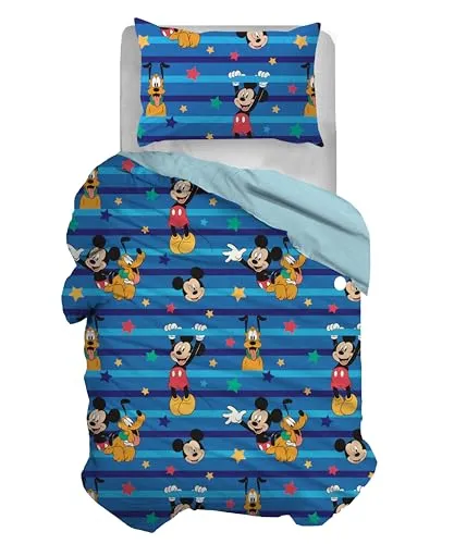 Mickey Mouse Bettwäsche-Set für Einzelbett, Baumwolle, Blau, Bettbezug 155 x 200 cm, Kissenbezug 50 x 80 cm, Disney, 100% Baumwolle, offizielles Produkt