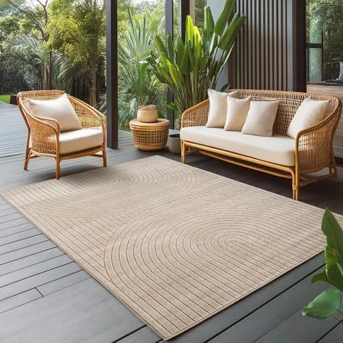 Carpettex Outdoor Teppich wetterfest, Wohnzimmer, Schlafzimmer, Garten, Balkon, Kurzflor Beige, Hoch-Tief-Effekt, weich & waschbar, pflegeleicht, 160x230 cm