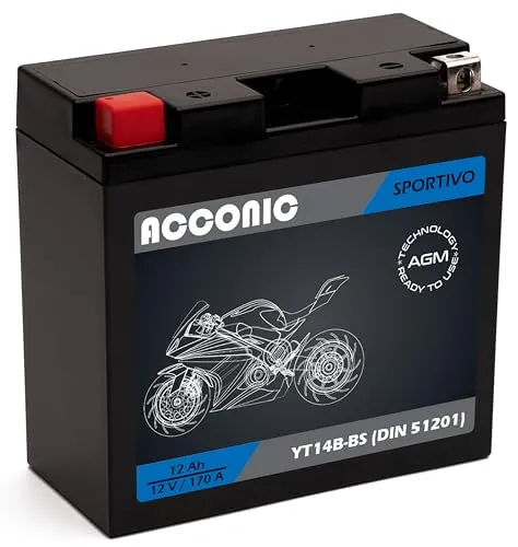 ACCONIC Sportivo AGM YT14B-BS YT14B-4 Motorradbatterie 12Ah 12V 170A DIN 51201 Maße: 150 x 70 x 145 mm ideal für Roller, Moped, Quad & Motorrad – wartungsfrei, & auslaufsicher