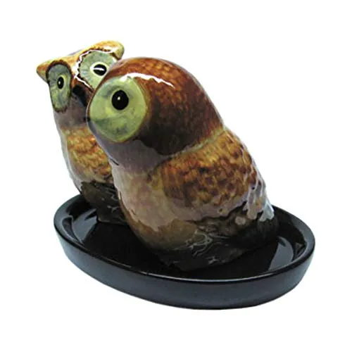 Windhorse Salz- und Pfefferstreuer, braune Eulen Keramik inkl. schwarzer Schale, handgefertigt