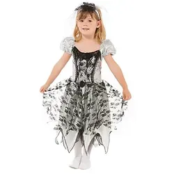 Geisterbraut-Kleid für Kinder - Kostüme für gruselige Anlässe: Aufwendig gearbeitetes Kleid mit Blumenapplikationen und dreilagigem Rock – perfekt für Halloween oder Fasching! In Grau/Schwarz, inklusive Haarreif mit Schleier.