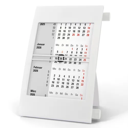 3-Monats-Tischkalender für 2026 & 2027 mit Drehmechanik - weiß/weiß/schwarz