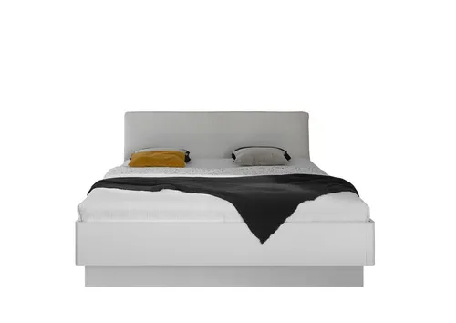 Bett VANCOUVER - Weiß mit gepolstertem Kopfteil - Modernes Bettgestell in Weiß, gepolstertes Kopfteil aus hellbeigem Webstoff, ideal für ein stilvolles Schlafzimmer. Lieferung ohne Dekoration und Matratzen.