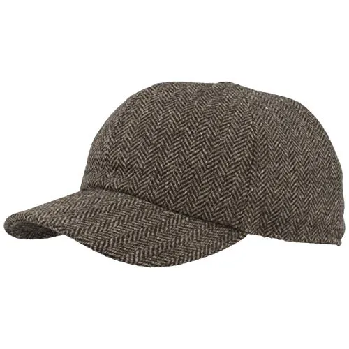 Breiter Herren Winter Baseball-Cap Schirmmütze Baseball-Kappe mit ausklappbarem Ohrenschutz – aus Wolle im Fischgrat Design & Steppfutter - Grau - 63