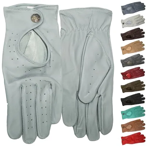 German Wear Unisex Autofahrer-Handschuhe aus Leder (Grau, 7=S) - Hochwertige Lamm-Nappalederhandschuhe im Retro-Look, dünn und weich für hohen Tragekomfort. Ideal für stilbewusste Autofahrer, mit praktischem Druckknopfverschluss.
