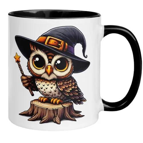 Eulen Geschenke Tasse | Zauberer Eule mit Hut und Zauberstab | Lustige Kaffeetasse für Zauberer | Witziger Geschenk Becher für Zauber und Magie Fans
