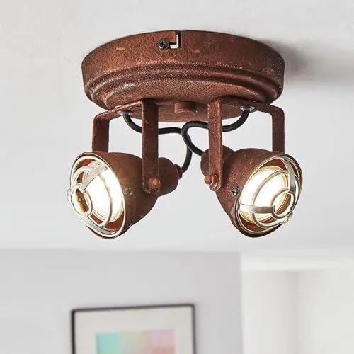 Lightbox rustikaler Decken Strahler - Spotrondell mit schwenkbaren Köpfen - 13,5 cm Höhe & 16,5 cm Durchmesser - 2 x GU10 Fassung, Lampentyp: QPAR51 max. 4 W aus Metall in Rostfarben