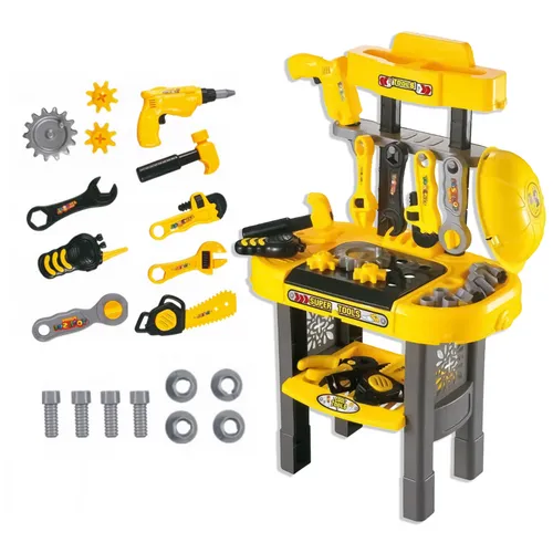 KRUMAD Kinder Werkbank 22tlg Set mit Bohrmaschine und Helm - Kunststoffspielzeug für kreative Kinder ab 3 Jahren, fördert Geschicklichkeit und Fantasie beim Spielen.