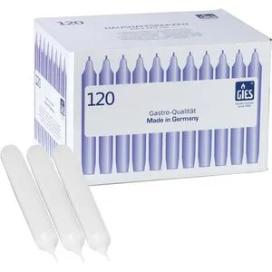 Gies-Kerzen Haushaltskerzen 205-169000-10, 120 Stück, Weiß - Spitzkerzen, 120 Leuchterkerzen mit ca. 10 Stunden Brenndauer, ideal für Gastronomie und DIY Tischdeko, Made in Germany.