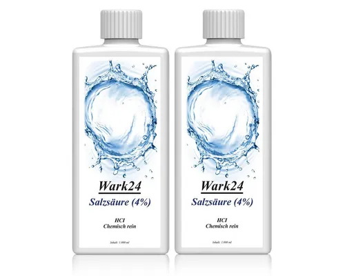 Wark24 Salzsäure (4%), 2x 1 L – Extra starker Reiniger für Kalk und Rost - KRAFTVOLLE REINIGUNG: Der Wark24 Reiniger mit 4 % Salzsäure entfernt zuverlässig Kalk und Rost. Ideal für Bad, Küche und Werkstatt. SICHER UND EFFEKTIV: Einfach dosierbar und vielseitig einsetzbar für verschiedene Oberflächen. MADE IN GERMANY.