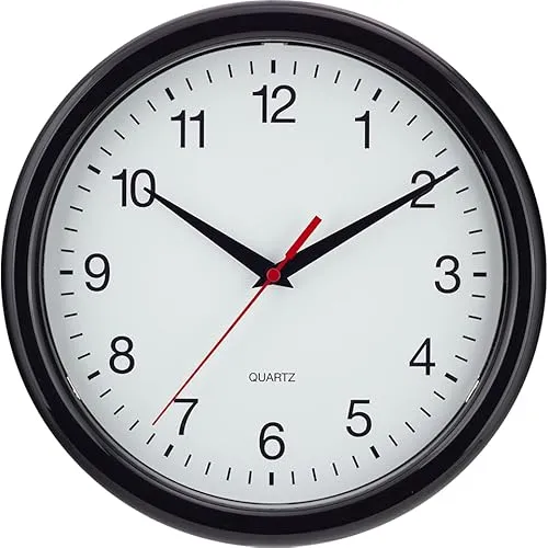 Eurotime Quartzwanduhr mit Schleichender Sekunde, 24,5 cm Durchmesser, Kunststoffgehäuse Schwarz und Kunststoffabdeckung, Zifferblatt Weiß, Zeigersatz Schwarz und Sekunde Rot, 82222-05