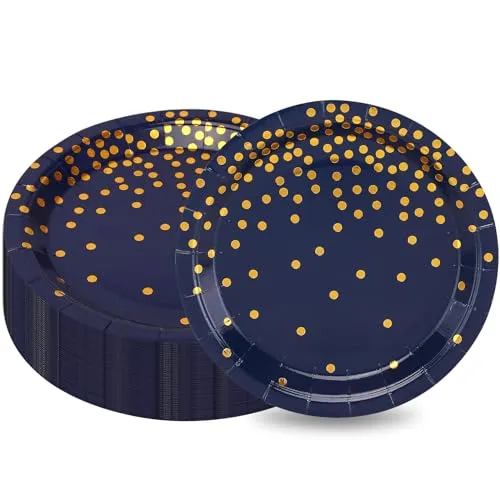 Marineblau Pappteller, CEILWIEN 50 Stück Marineblaue Pappteller mit Goldenen Punkten aus Folie, Geburtstag Partygeschirr, Papier Teller, Goldfolie Partygeschirr, 9 Zoll/23CM (Marineblau Goldene/9’’)