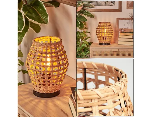 hofstein Tischleuchte im Vintage Boho-Design - Stilvolle Tischlampe aus Metall und Rattan in Schwarz/Natur, Höhe 29,5 cm. Ideal für gemütliche Akzente im Innenbereich, mit praktischem Schalter am Kabel.