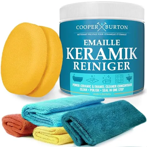 Reiniger für Keramik Emaille Porzellan- Badpflege zu Reinigung & Pflege von Armaturen Badewanne Waschbecken Ceranfeld Reiniger 0,5kg + 4x Microf. Tücher+Schwamm COOPER & BURTON