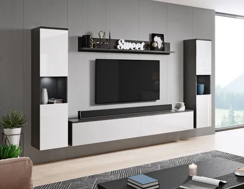 MINIO go for it, 4-Teilig Wohnwänd mit LED-Beleuchtung PARMA XL Matera Farbe / Weiß Hochglanz