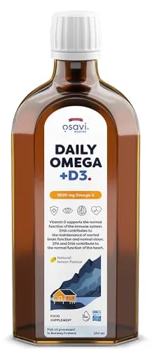 Osavi - Daily Omega + D3 | Flüssiges Fischöl mit 1600 mg Omega-3 & Vitamin D3 - Mit natürlichem Zitronengeschmack für den täglichen Bedarf | 1600 mg - 250 ml