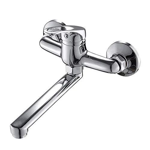 Küchenarmatur, Wandmontage mit 360° Drehung, Auslauf für Waschbecken, Abstand Waschbecken 15 cm (Silber)