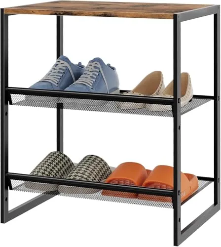 Huhote Schuhregal 3 Ebenen, Schuhständer Metall, Schuhregal Klein, Schuh-Organizer, Schuhaufbewahrung Platzsparend, Schuhablage für Eingangsbereich, Korridore, Ecke, Wohnzimmer, Vintagebraun