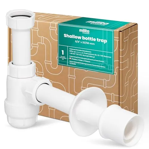 Millto Siphon Flaschensiphon 5/4'' 32/50 mm Geruchsverschluss für Waschbecken Spüle Bad Küche Universell Kompakter Kleiner Anschluss Wasseranschluss Kunststoff