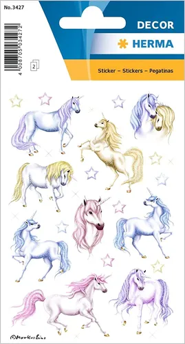 HERMA 3427 Aufkleber Einhorn Glitzer - 18 Stück, kreative Tier-Motive für Fotoalbum und Tagebuch, ideal zum Sammeln und Basteln für Kinder