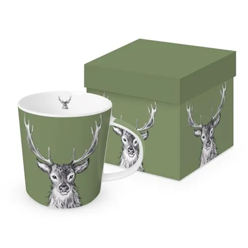 PPD Kaffeebecher mit Hirschmotiv, Grün und Weiß, Porzellan