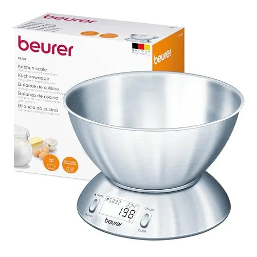 Beurer KS 54 Küchenwaage - Küchenwaage mit 1,5l Edelstahlschüssel, spülmaschinengeeignet und ideal zum präzisen Kochen und Backen – perfekte Ergebnisse dank 1g Gewichtseinteilung.