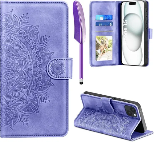 EASDNB iPhone 15 Lederhülle Wallet Flip Case mit Kartenfach - Stylische lila Handyhülle für das iPhone 15 mit praktischem Kartenfach und stabiler Ständerfunktion. Ideal für den Alltag und die Aufbewahrung wichtiger Karten.