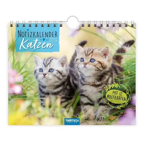 TRÖTSCH - Notizkalender Katzen 2026 mit 12 Postkarten | Notizkalender Querformat : Wandkalender Notizkalender