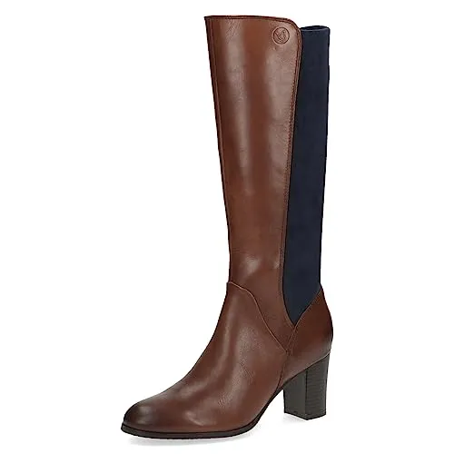 CAPRICE Damen Hohe Stiefel Memotion aus Leder, Braun (Cognac/Ocean), 38 EU - Elegante hohe Stiefel mit Absatz in G-Weite, die sich dank Stretch optimal anpassen. Hochwertige Materialien garantieren Komfort und Langlebigkeit, ideal für schicke Anlässe.