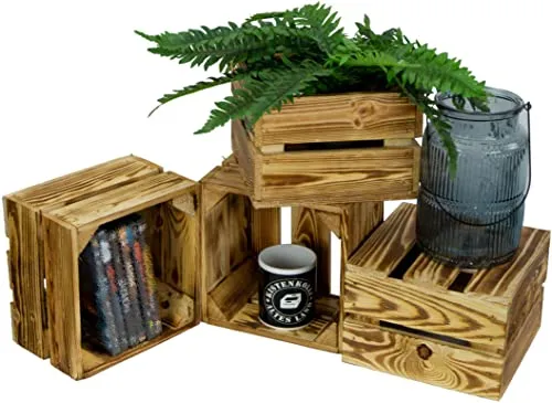 Kistenkolli Altes Land Kiste Lotta 4er Set - Aufbewahrungsbehälter ohne Deckel, geflammte Holzkisten im 4er Set, ideal als charmante Deko oder praktische Geschenkekisten, Maße ca. 22x22x15cm.