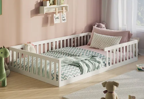 Montessori Kinderbett 140x200 cm mit Rausfallschutz - Bodenbett für Kinder und Jugendliche, fördert selbstständiges Ein- und Aussteigen nach Montessori-Prinzipien, mit stabilem Lattenrost für optimalen Schlafkomfort.