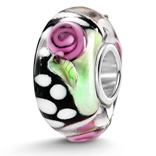 Materia Glas Charm 3D Rosen grün schwarz - Damen Beads 925 Silber 1659-Hellgrün_Rosa