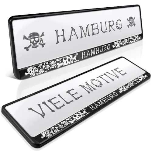 schildEVO 2 Kennzeichenhalter | Hamburg 08 | Skulls Totenköpfe | Moin Hansestadt | Alster | St. Pauli Reeperbahn | HH | Nummernschildhalter | Kennzeichenrahmen | Auto PKW Kfz | DHL-Versand