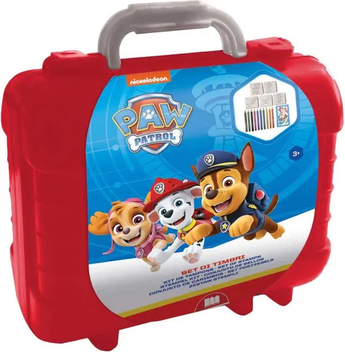 PAW PATROL - Travel Set - Ideales Reise-Set mit 5 Buchenholzstempeln, abwaschbarem Stempelkissen, 10 Buntstiften und einem Malbuch für kreative Abenteuer unterwegs.