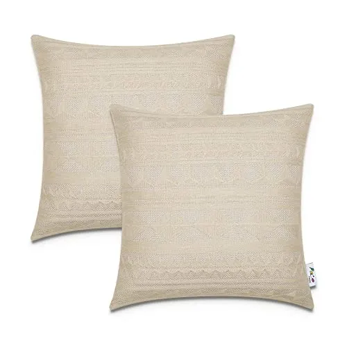 Paco Home Kissenbezug Deko Kissenhülle Bezug Kissenbezüge Zierkissen 2er Set Sofa Zierkissen Wohnzimmer Blätter Skandi, Farbe:Creme, Sets:2pcs-Set