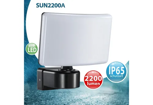 Maxkomfort LED Flutlichtstrahler SUN2200 - Hochwertiger Fluter mit 2200 Lumen und neutraler Farbtemperatur von 4000K, ideal für Außenbereiche. Robust, energieeffizient und langlebig mit einer Lebensdauer von 50.000 Stunden.